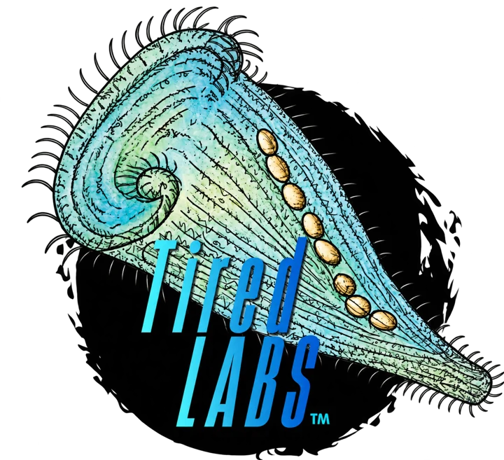 Tired Labs — an illustrated trumpet-shaped microorganism with a turquoise wordmark
